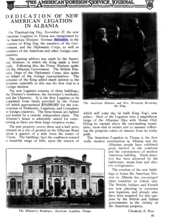 PRANIA E MBRETIT ZOG NË PËRURIMIN LEGATËS SË RE AMERIKANE NË TIRANË, NJË EVENIMENT I VEÇANTË PËR KËTË ARSYE (FOTO) / THE AMERICAN FOREIGN SERVICE JOURNAL (1931)